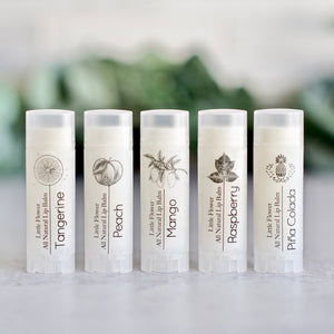 natural chapsticks 5 flavors pictured include tangerine peach mango raspberry and Pina colada these are handmade and in beautiful simple oval shaped tubes with matte clear labels and black printing featuring vintage botanical graphics.